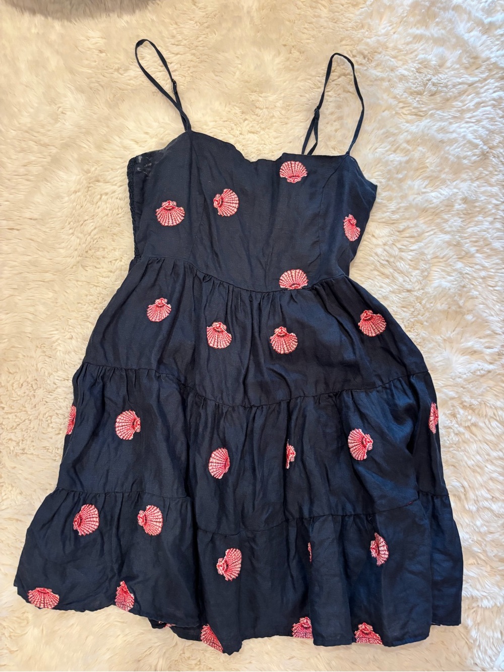 Womens Navy Sundress with Pink Shell Embroidery